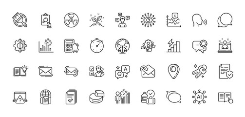 Consumption growth, Talk bubble and Calculator alarm line icons pack. AI, Question and Answer, Map pin icons. Transform, Artificial intelligence, Timer web icon. Vector
