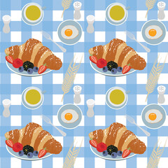 Seamless pattern with croissants, fruits, sunny side up egg, herbal tea, basic repeat seamless pattern