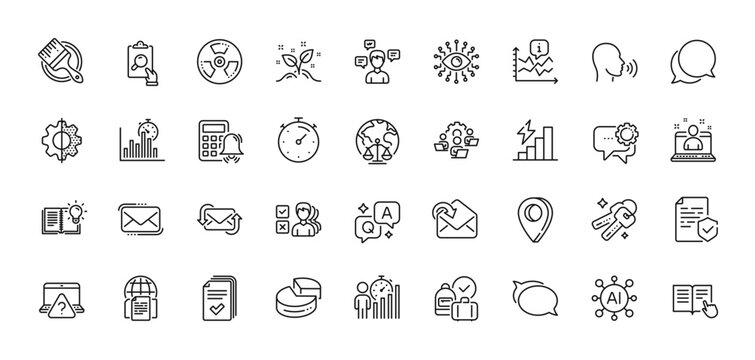 Consumption growth, Talk bubble and Calculator alarm line icons pack. AI, Question and Answer, Map pin icons. Transform, Artificial intelligence, Timer web icon. Vector