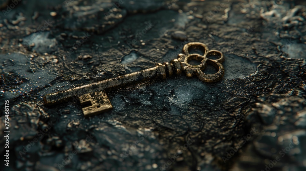 Poster a detailed view of a key placed on a rock. suitable for security and outdoor themes