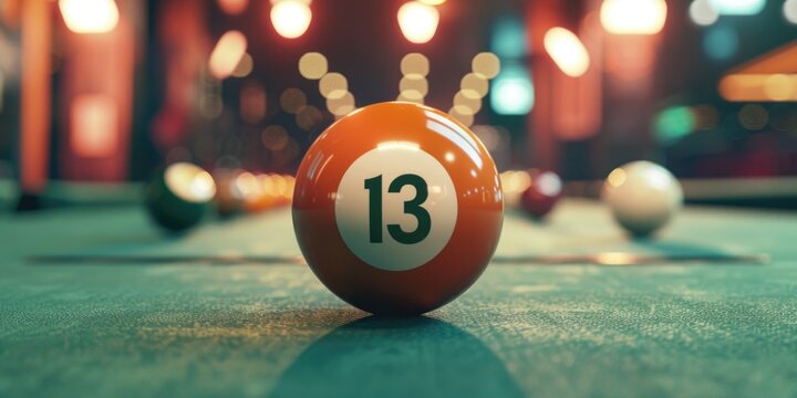 A pool ball with the number thirteen on it. Can be used for sports or superstitious concepts
