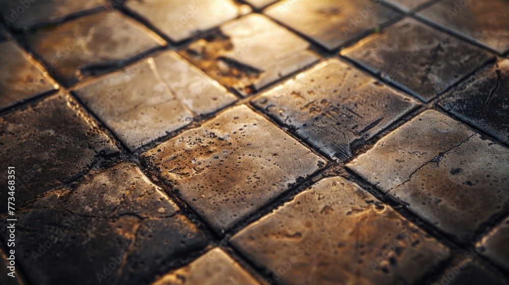 Poster Close up of a tiled floor with a shining light. Suitable for interior design concepts