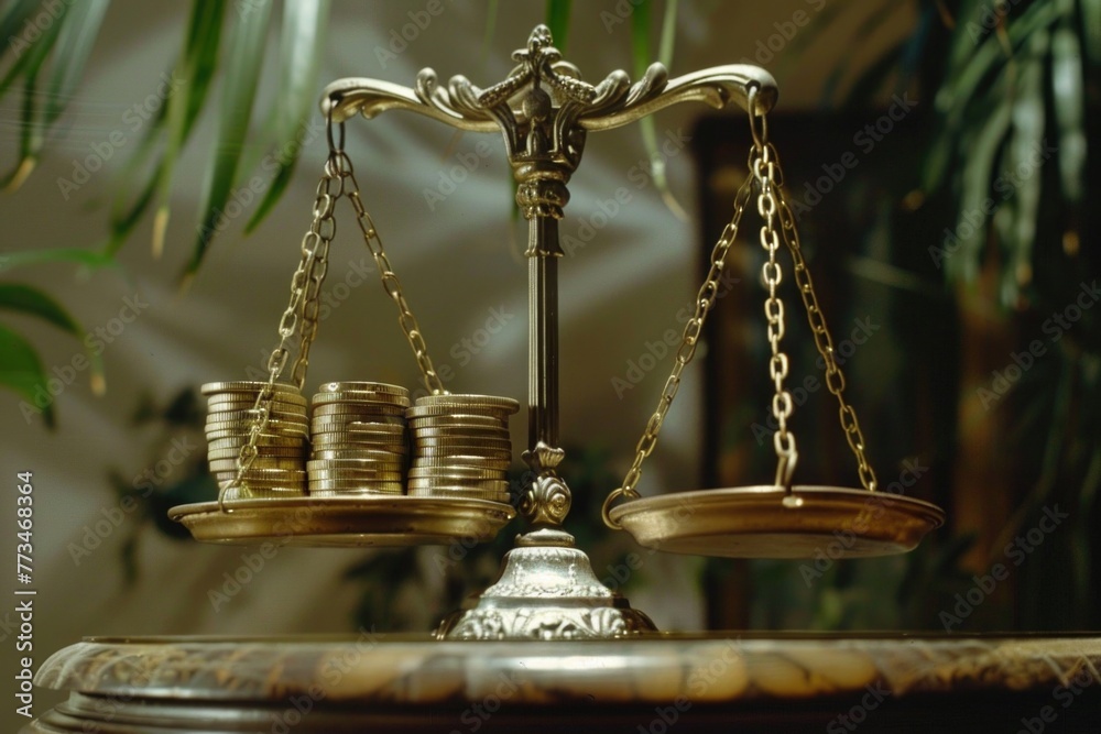 Poster a scale with coins on top, perfect for financial concepts