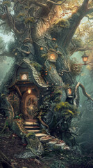Enchanted treehouse in a mystical forest - An intricate and whimsical portrayal of a fantastical treehouse nestled within an enchanting forest brimming with life