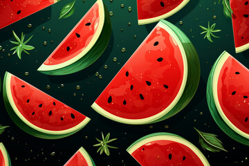 Watermelons, tropical palm leaves, floral  summer background
