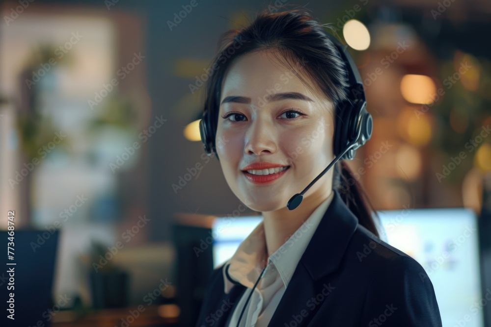 Poster A woman wearing a headset while working on a computer. Suitable for tech or customer service concepts