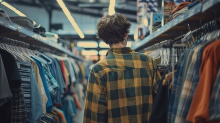A man browsing through a rack of shirts. Suitable for retail or fashion concepts - obrazy, fototapety, plakaty