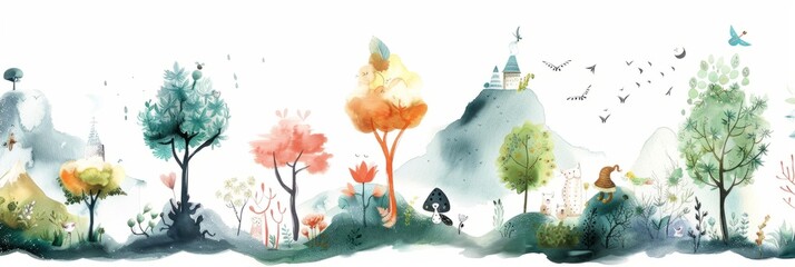 Whimsical landscape with rolling hills and trees - Delicate watercolor paints a storybook landscape with rolling hills, trees, and a distant church spire, evoking whimsy and wonder - obrazy, fototapety, plakaty