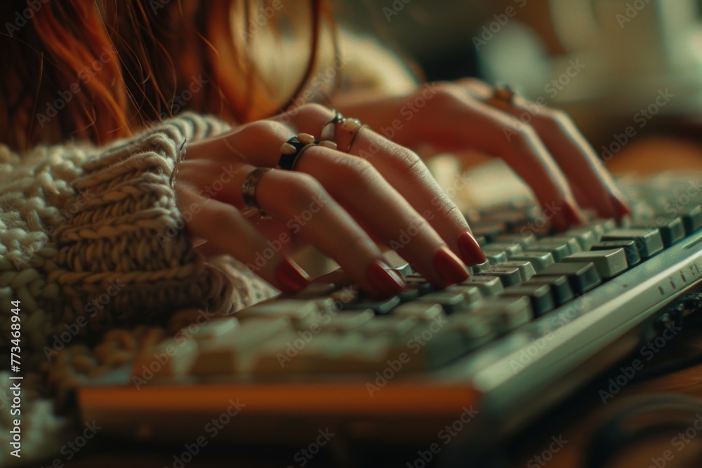 Poster Close up of a person typing on a keyboard. Suitable for technology concepts