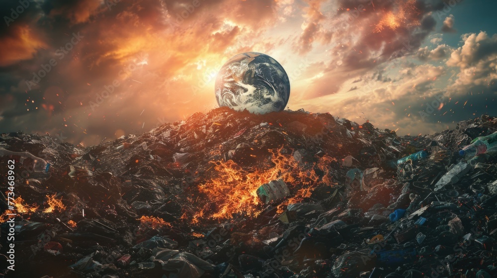 Poster A pile of garbage with a planet in the background. Suitable for environmental concepts