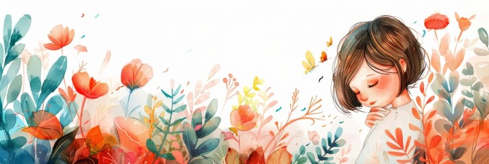 Colorful wildflower watercolor landscape - Exuberant display of wildflowers in a colorful watercolor landscape minus the blurred face - obrazy, fototapety, plakaty