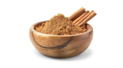 A rustic wooden bowl filled with aromatic cinnamon sticks and powder. Perfect for food or spice related projects