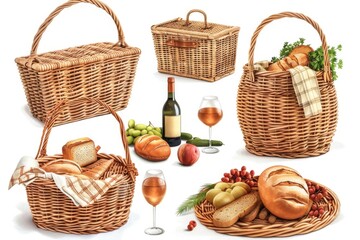 Fototapeta na wymiar A set of four wicker baskets filled with various food items. Ideal for food and picnic concepts