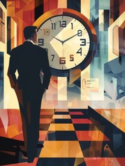 Man facing giant clock in stylized scene - Illustration of a man in a suit standing before a massive clock symbolizing time management and deadlines