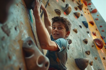 A young boy climbing on a rock wall. Suitable for sports and adventure themes