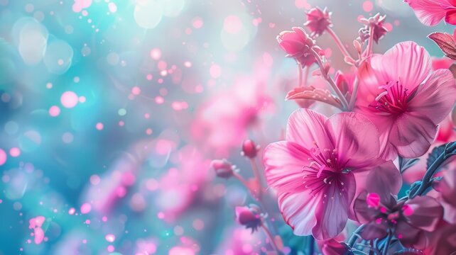 Soft pink flowers with turquoise bokeh backdrop - Image of delicate pink flowers in bloom complemented by a dreamy turquoise bokeh background for a serene feeling