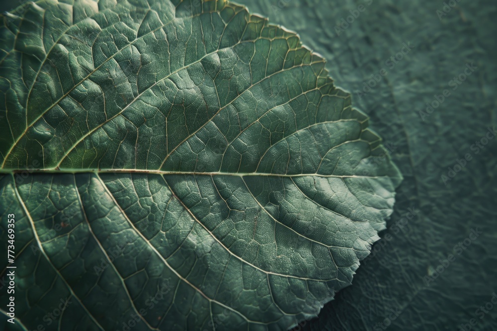 Poster detailed view of a leaf on a table. suitable for nature and environmental themes