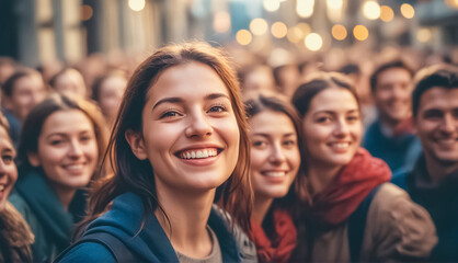 portrait smiling female student in a crowd outdoor at a festival 