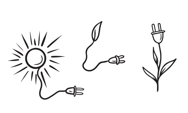 Set of illustrations about natural resources, energy power. Sun, leaf and flower with plug socket in black isolated on white background. Save planet, ecology friendly. Hand drawn vector sketch doodle