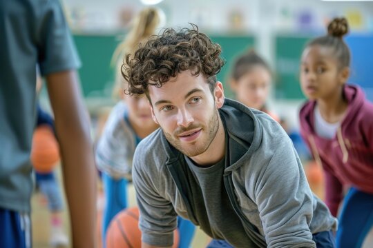 Basketball coach training with young players in a gym