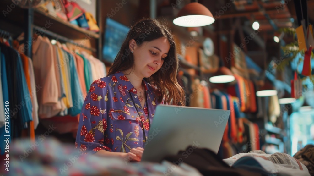 Poster woman sitting in front of a laptop computer, suitable for technology concepts