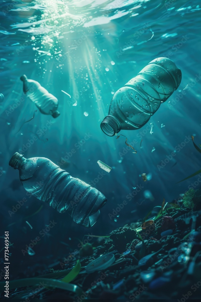 Poster plastic bottles floating in the ocean, suitable for environmental concepts