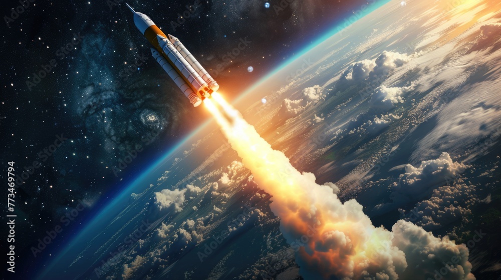 Poster a space shuttle taking off into the sky. perfect for illustrating space exploration