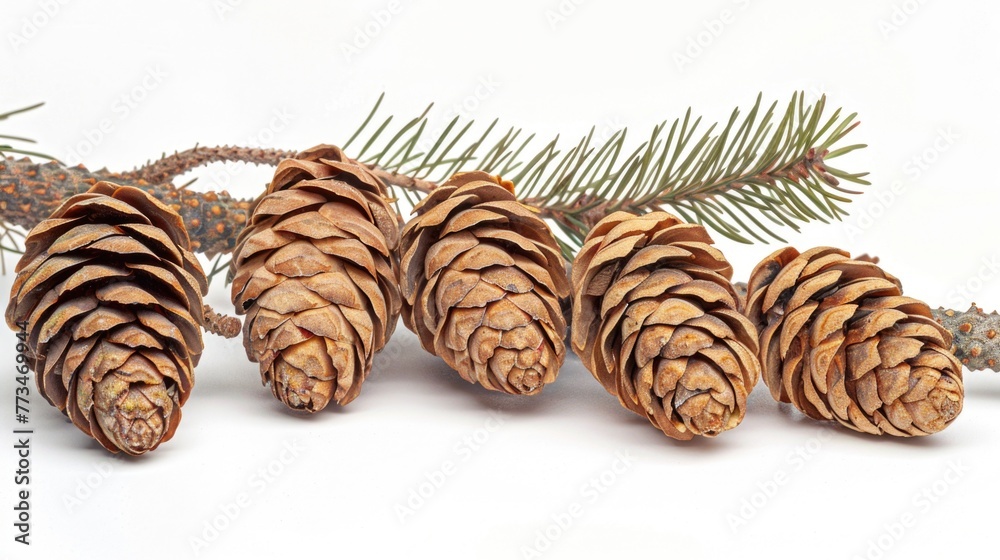 Poster Pine cones sitting on top of a branch, suitable for nature themes