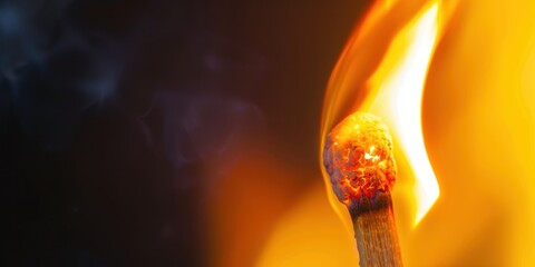 Ignited matchstick with vibrant flame and smoke against a dark background