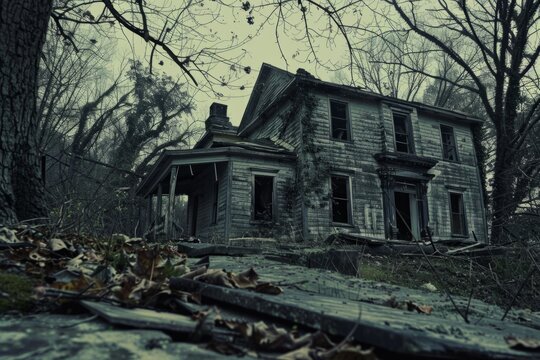Eerie abandoned house in a desolate forest - This haunting image captures an old, decrepit house abandoned in a desolate forest, portraying a sense of mystery and lost history