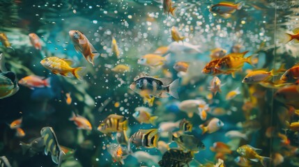 Fototapeta na wymiar Group of fish swimming in an aquarium, suitable for aquatic themes