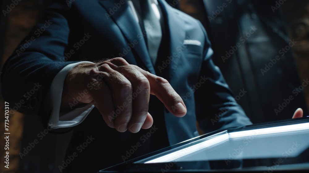 Aufkleber A man in a suit and tie using a tablet computer. Suitable for business and technology concepts