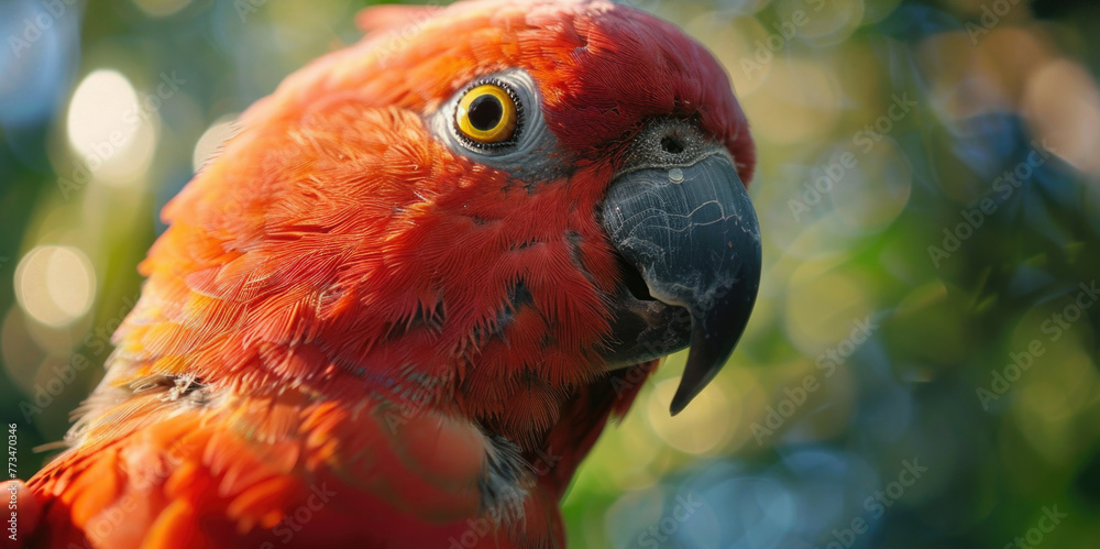 Poster close up of a red parrot with a blurry background. ideal for nature and wildlife concepts