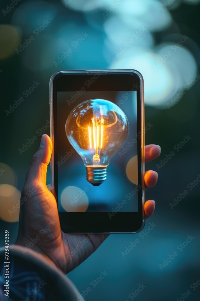 Poster a person holding up a smart phone with a light bulb displayed on the screen. great for technology an