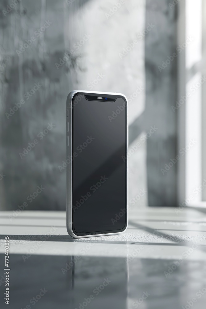 Poster a modern cell phone resting on a table, suitable for technology concepts