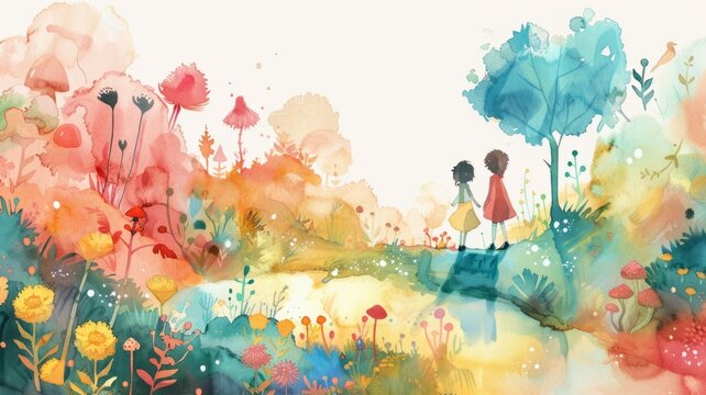 Colorful watercolor scene with children walking - Two children walk hand in hand across a vibrant, watercolor painted bridge surrounded by flora