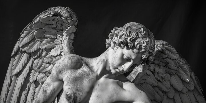 A black and white photo of a beautiful angel statue. Perfect for adding a touch of elegance to any project