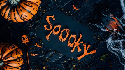 Abstract Halloween background in black and orange with pumpkins and the word spooky.