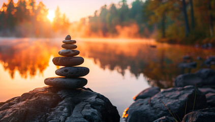 Tranquil forest scene at sunrise, with mist rising from the calm lake and trees in soft focus on either side. In front is a small stack of smooth stones that form two cairns on top of 