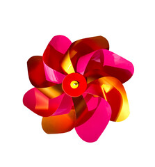 Pink and Yellow Colored pinwheel isolated on transparent background. Children's colorful toy wind turbine isolated on transparent background.