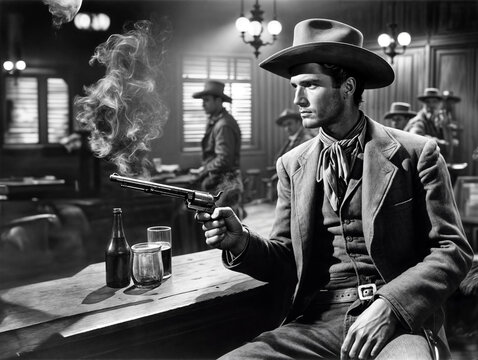Classic American cowboy shoots his pistol inside Wild West saloon