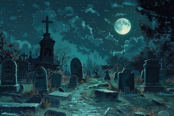 Eerie cemetery with full moon, perfect for Halloween projects