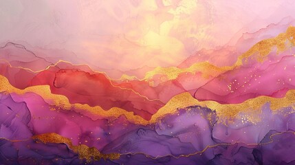 an abstract fluid art design, should have a sunset-inspired palette of coral pink, dusk purple, and amber, enriched by gold highlights - obrazy, fototapety, plakaty
