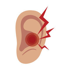 Ear ache illustration colored icon. Ear pain, inflammation or infection graphic in flat vector style.  