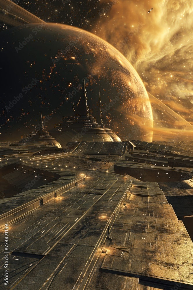 Poster Futuristic space station with a distant planet, suitable for sci-fi concepts