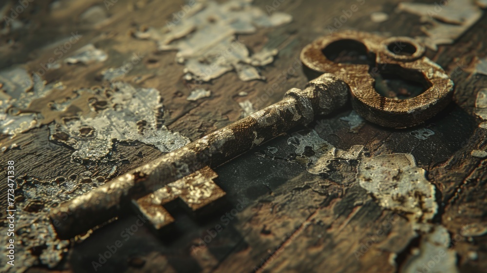 Aufkleber a rusty key on a wooden table, suitable for various concepts and designs