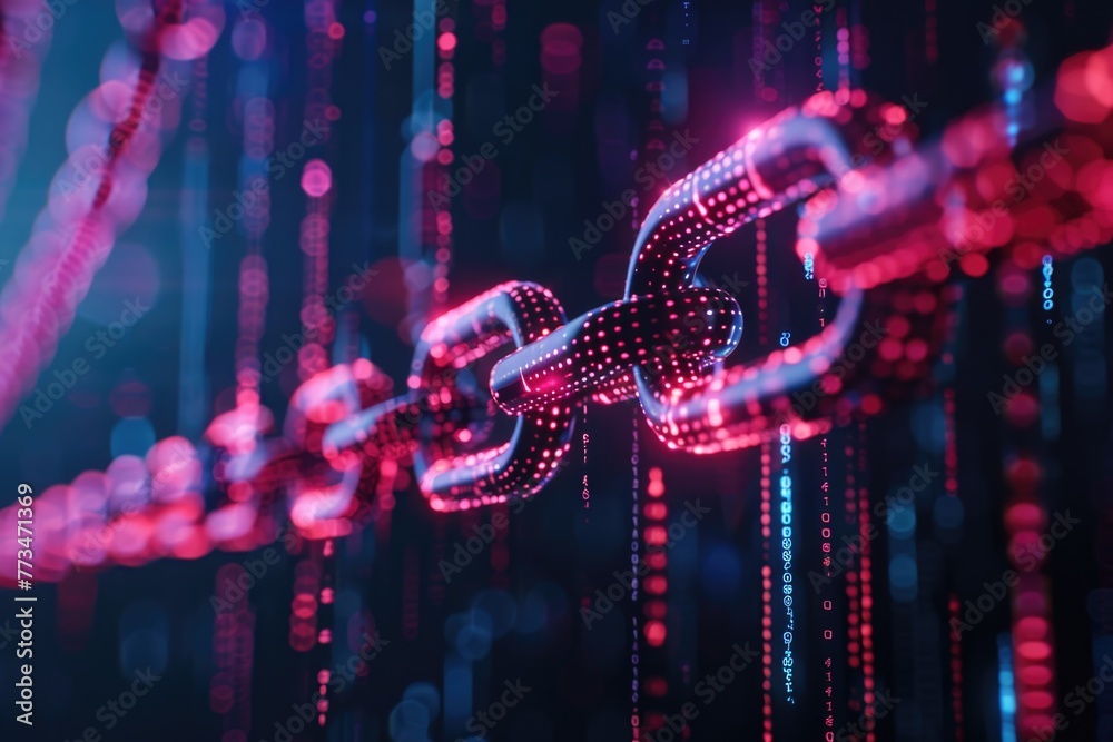 Poster a chain with a red link hanging from it, perfect for industrial concepts