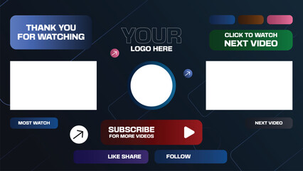 Youtube end screen template with bento grid style theme, minimalist dark background