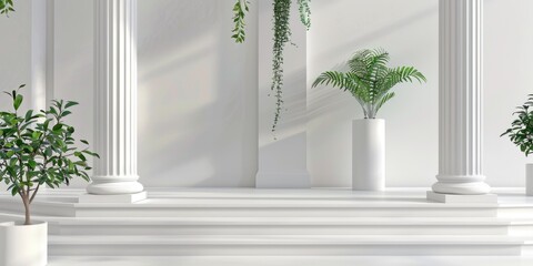 Row of white pillars with plants, suitable for architectural and garden design projects