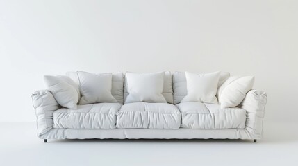 A white couch covered with many pillows. Suitable for home decor or interior design concepts